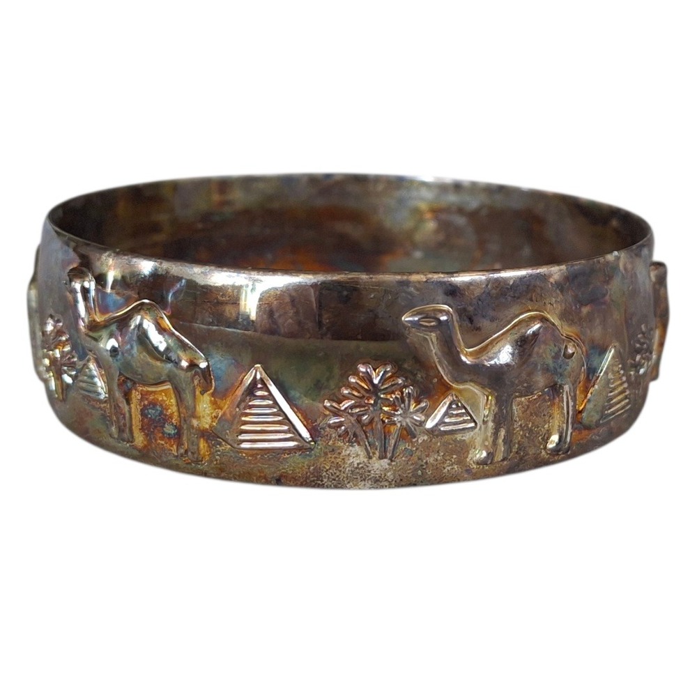 Vintage Camel Cigarettes Silver Egyptian Pyramid Bangle Bracelet Desert‎ Cuff